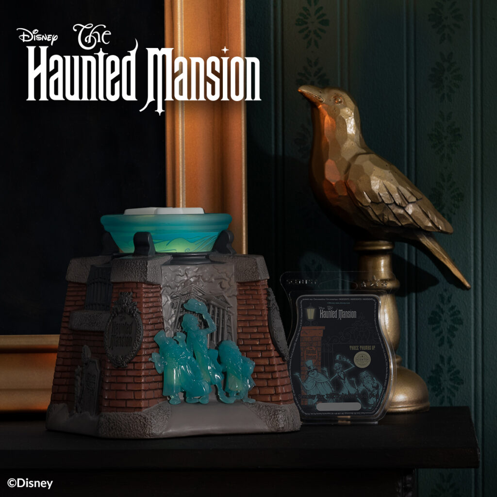 The Disney The Haunted Mansion - Scentsy Warmer is a special edition warmer that allows you to relive spooky memories from Disney's Haunted Mansion attraction. This eerie and enchanting warmer features designs inspired by the Hitchhiking Ghosts, Doom Buggies, and even Madame Leota, with her haunting presence glowing eerily on the dish.